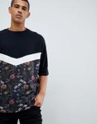 Asos Design Oversized T-shirt With Half Sleeve And Floral Chevron Panel - Black