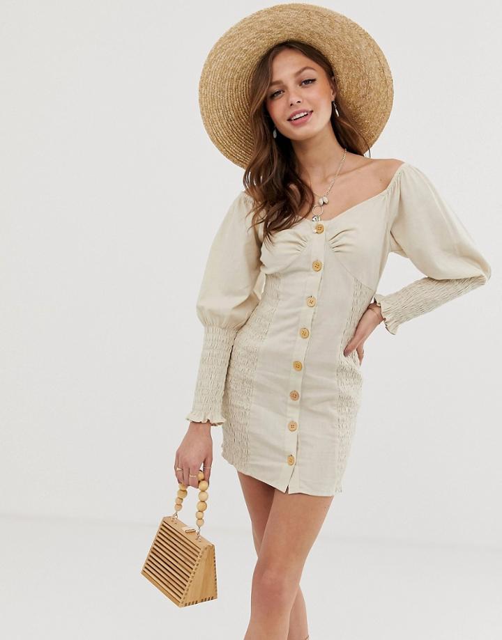 Asos Design Button Through Shirred Linen Mini Dress-cream