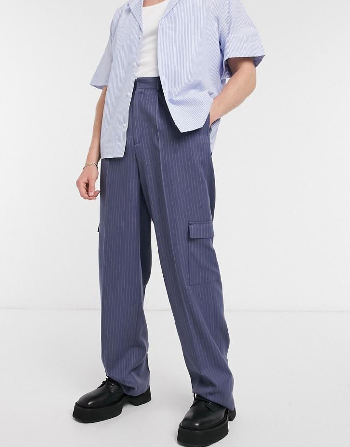Asos Design Wide Leg Smart Pants In Navy Pinstripe And Cargo Pockets