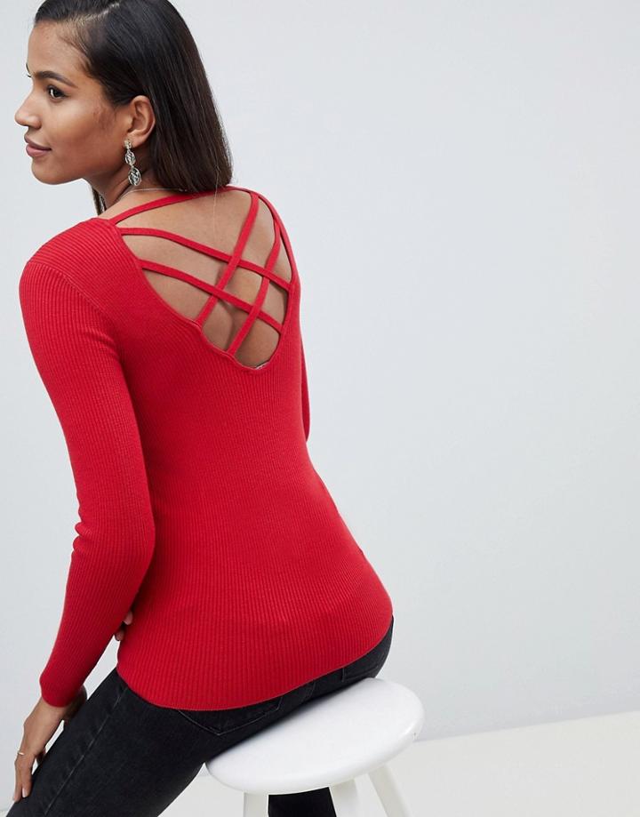 Miss Selfridge Long Sleeve Knitted Top With Lattice Back In Red - Red