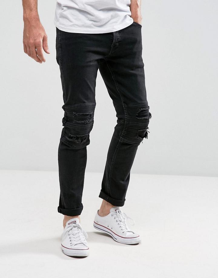 Jack & Jones Intelligence Jeans In Slim Fit With Rip & Repair Biker Knee - Black