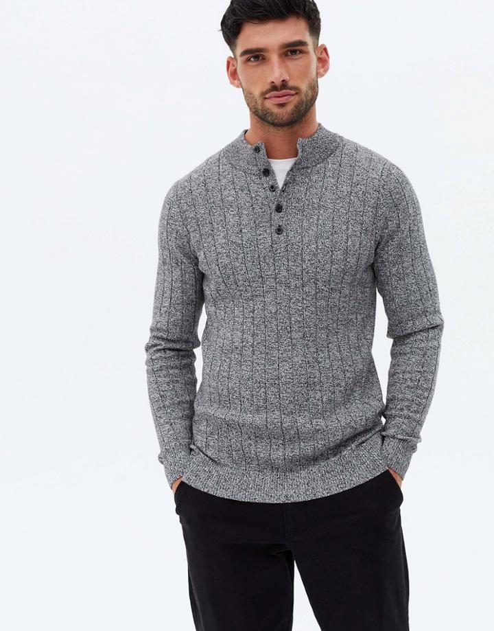 New Look Rib Funnel Neck Sweater With Button Detail In Gray