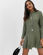 Asos Design Swing Mini Shirt Dress With Contrast Buttons - Green