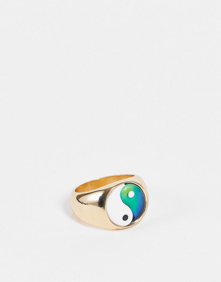 Asos Design Signet Mood Ring With Yin-yang Design In Gold Tone