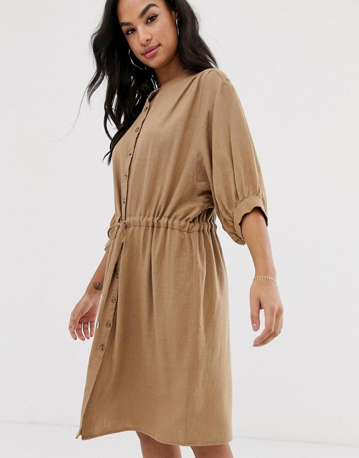 Vila Gathered Waist Linen Utility Dress - Beige