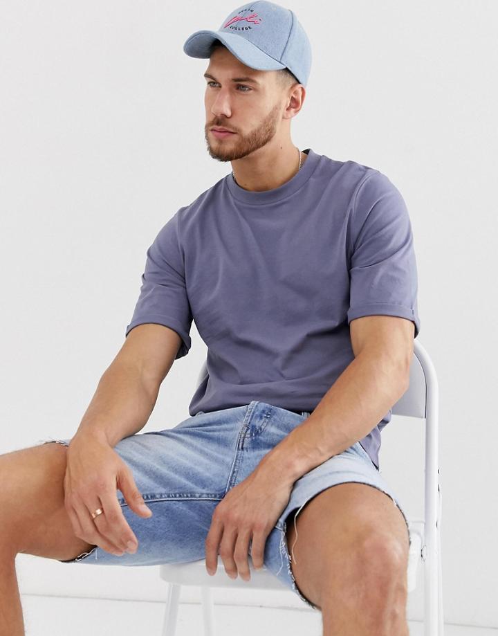 Asos Design T-shirt With Roll Mid Sleeve In Gray - Gray