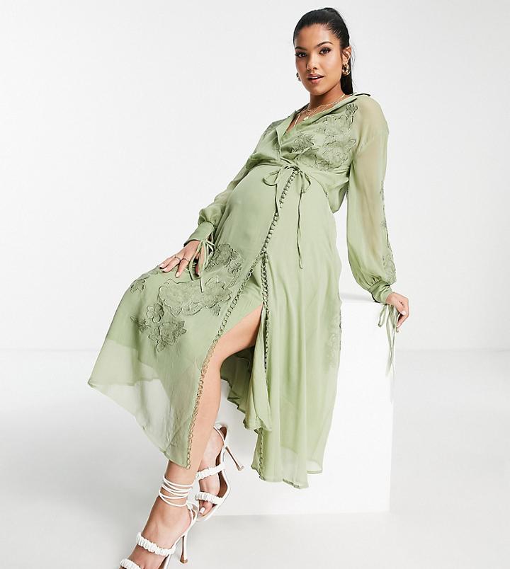 Asos Design Maternity Floral Embroidered Midi Dress With Lace Insert And Satin Tie Detail In Sage-green