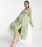 Asos Design Maternity Floral Embroidered Midi Dress With Lace Insert And Satin Tie Detail In Sage-green