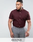 Asos Plus Slim Shirt In Burgundy In Short Sleeves - Red