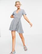Pull & Bear V Neck Floral Mini Dress In Blue-blues