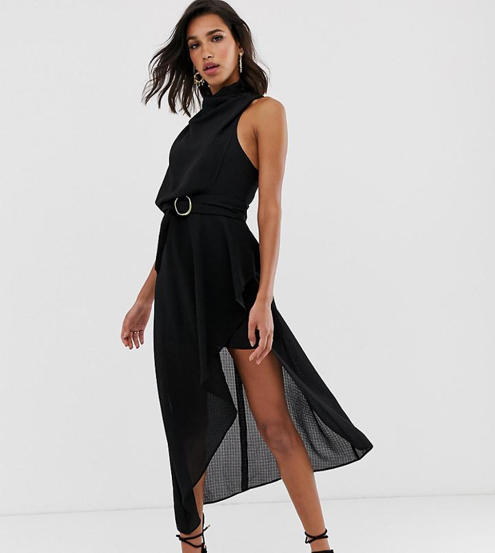 Asos Design Drape Neck Midi Dress In Textured Fabric With Self Belt - Black