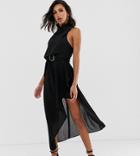 Asos Design Drape Neck Midi Dress In Textured Fabric With Self Belt - Black