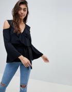 Asos Design Belted Wrap Top With Ruffle Cold Shoulder - Black