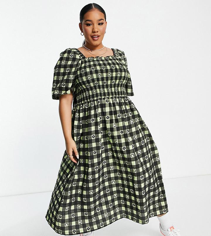 Collusion Plus Exclusive Gingham Midi Sundress In Green Print-multi