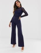 Club L High Neck Crochet Detail Jumpsuit-navy