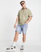 River Island Short Sleeve Linen Shirt In Green
