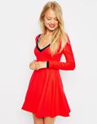 Asos V Neck Ponti Skater Dress With Trim Detail - Navy