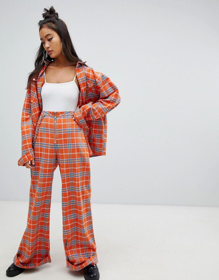 The Ragged Priest Wide Leg Pants In Check With Chain Two-piece - Red