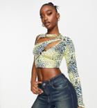 Asyou Printed One Sleeve Cut Out Top In Yellow