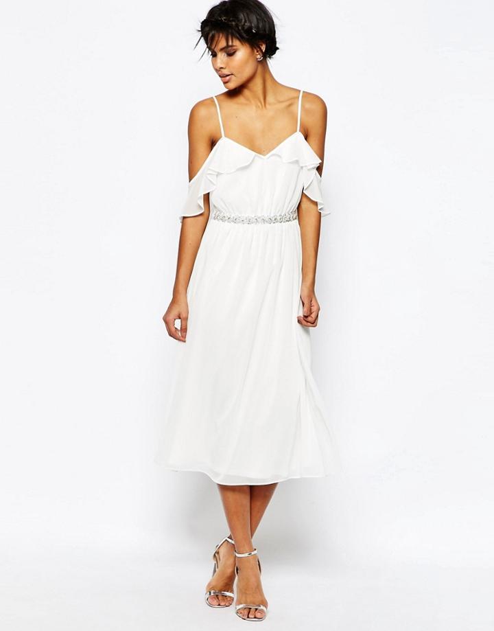 Asos Cold Shoulder Midi Dress With Embellished Waist - White