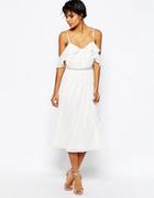 Asos Cold Shoulder Midi Dress With Embellished Waist - White