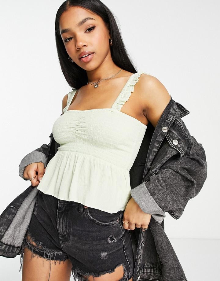 Miss Selfridge Textured Shirred Frill Strap Cami Top In Sage-green