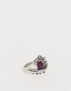 Asos Design Ring In Dragon Design With Faux Ruby Stone In Silver Tone