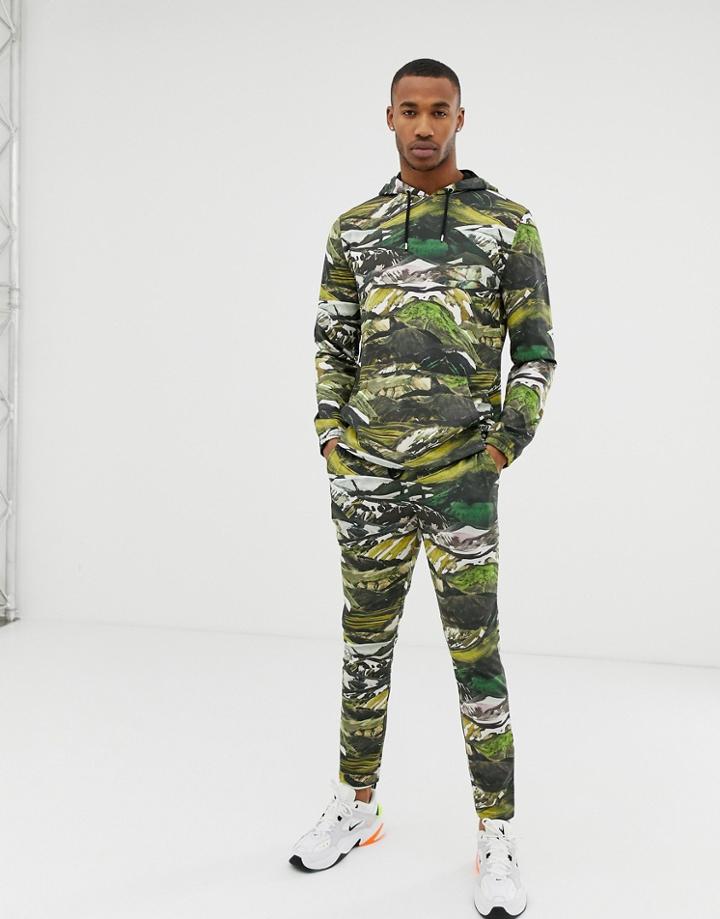 Asos Design Tracksuit Hoodie / Skinny Sweatpants In Mountain Print - Multi