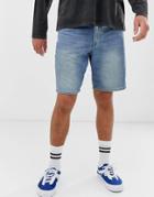 Asos Design Skater Denim Shorts In Mid Wash Blue - Blue