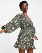 Topshop Volume Sleeve Mini Dress In 70s Print - Multi