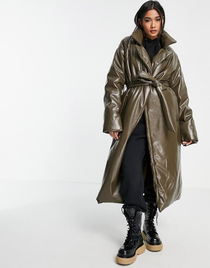 Asos Design Faux Leather Longline Padded Coat With Belt In Brown