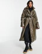 Asos Design Faux Leather Longline Padded Coat With Belt In Brown