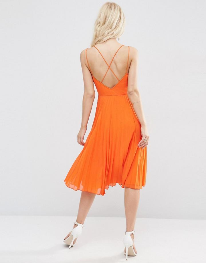 Asos Strappy Midi Dress With Pleated Skirt - Orange