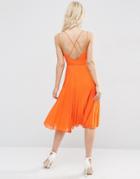 Asos Strappy Midi Dress With Pleated Skirt - Orange