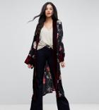 Kiss The Sky Tall Maxi Kimono In Floral With Velvet Trim - Black