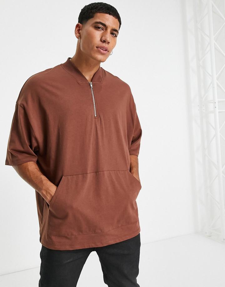 Asos Design Oversized T-shirt With Half Sleeve & Pocket In Brown-brunette