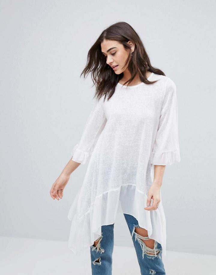 Qed London Sheer Frill Detail Top - White