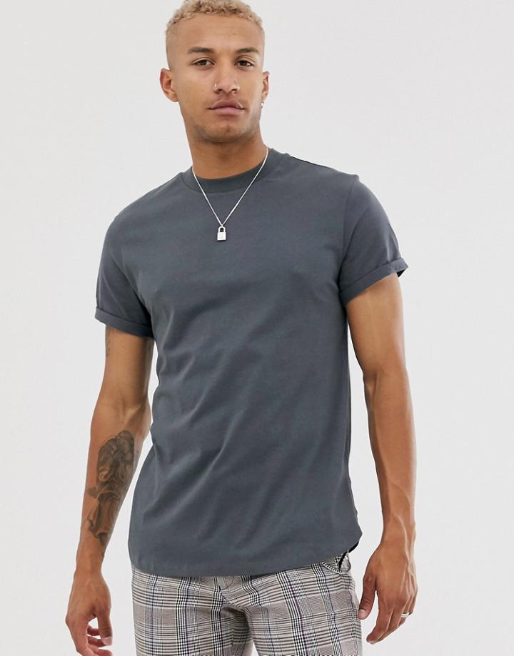 Asos Design Longline T-shirt With Roll Sleeve And Side Split In Washed Black-gray