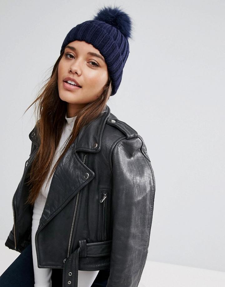 Warehouse Faux Fur Pom Hat - Navy