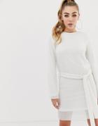 Club L Allover Sequin Shift Dress With Belt Detail In White - White