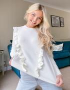 Qed London Ruffle Front Detail Sweater In Ivory-white