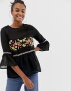 Brave Soul Embroidered Detail Blouse-black