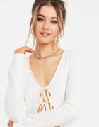 Asos Design Ruffle Cardigan With Tie Front In Cream - Part Of A Set-white