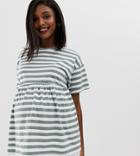 Asos Design Maternity Smock On Washed Khaki Stripe - Green