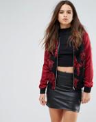 Goldie Drive By Embroidered Flower Bomber Jacket With Satin Sleeves - Red