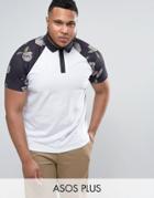 Asos Plus Polo With Contrast Raglan Pixel Floral Print Sleeves - White