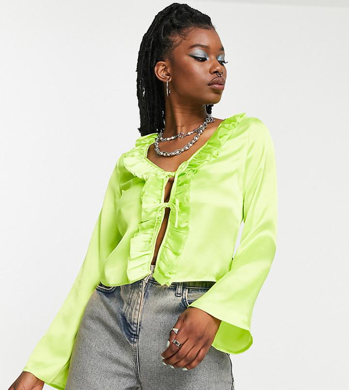 Collusion Long Sleeve Tie Front Ruffle Top In Acid Green