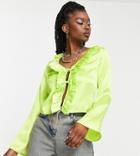 Collusion Long Sleeve Tie Front Ruffle Top In Acid Green