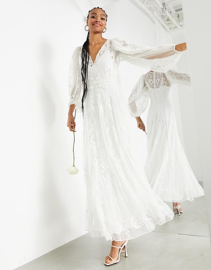 Asos Edition Natalia Embroidered Textured Maxi Wedding Dress-white