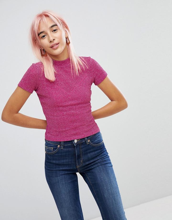Monki Metallic Sparkle High Neck Top - Pink